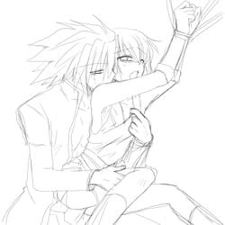 artist_request black_and_white blazblue blazblue:_central_fiction blush brother half-dressed hands_tied incest jacket japanese_clothes jin_kisaragi kneehighs male_only medium_penis penis pleasure_face ragna_the_bloodedge short_hair sketch twink yaoi