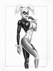 1girls areola_slip batman_(series) big_breasts dc dc_comics domino_mask drawn erect_nipples female female_only fred_sadek harley_quinn harley_quinn_(classic) huge_breasts large_breasts midriff midriff_baring_shirt monochrome nipple_bulge nipples pigtails ralfieboy solo tagme tits underboob