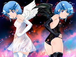 2girls angel_wings bat_wings blue_hair devil_wings dress female female_only from_behind gloves keroro_gunsou momoka_nishizawa multiple_girls nishizawa_momoka open_mouth see-through thighhighs wings wink