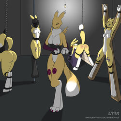 5girls anthro arm_above_head bare_breasts black_sclera blue_eyes bondage bound color digimon female female_focus female_only fur furry indoors inflatable_gag looking_at_viewer multiple_females nude nude_anthro nude_female raevild renamon standing tagme tribal_markings two_tone_fur whip