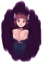 artist_request bare_shoulders breast_squeeze breasts breasts_out brown_eyes brown_hair crazy_eyes demon_girl horns la_pucelle_tactics large_breasts nippon_ichi open_clothes overlord_priere pointy_chin pointy_ears priere shirt_down shirt_pull short_hair succubus