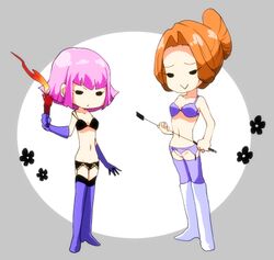 2girls artist_request boots bra breasts chibi female femdom gloves gundam haman_karn human kycilia_zabi light-skinned_female light_skin lingerie mobile_suit_gundam pink_hair red_hair short_hair villainess zeta_gundam