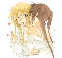 alternate_hair_color blonde_hair blush bra bra_strap brown_hair closed_eyes fate_testarossa female hands_on_hip heart hearts holding_arm licking licking_face lingerie love lyrical_nanoha mahou_shoujo_lyrical_nanoha mahou_shoujo_lyrical_nanoha_a's mahou_shoujo_lyrical_nanoha_strikers multiple_girls nanoha_takamachi nipples one_eye_closed open_mouth open_shirt red_eyes seita shirt takamachi_nanoha tongue underwear undressing white_shirt wince yuri