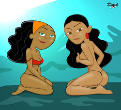 2girls bikini covering_breasts crossover danny_phantom dark-skinned_female dark_skin darkdp disney disney_channel female human kim_possible kneeling medium_breasts melanin monique_(kim_possible) nickelodeon straight_hair teen_girl thong valerie_gray