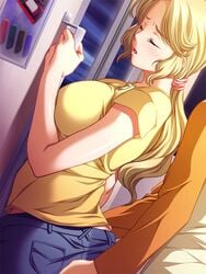 ass ass_grab blonde_hair chikan chikan_circle chikan_circle_3 clothing forced game_cg groping jeans long_hair molestation ponytail t-shirt tied_hair train train_interior