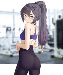 1girls 2021 alternate_hairstyle ass ass_focus back back_view black_hair blue_eyes bubble_butt clothed_ass female female_focus female_only genshin_impact gym gym_clothes hair_ornament hi_res hips indoors large_ass light_blush long_hair long_ponytail looking_at_viewer medium_breasts mona_(genshin_impact) ponytail sideboob slim_waist sports_bra sportswear steeb thick_thighs thighs tight_clothing wedgie white_border wide_hips workout_clothes yoga_pants