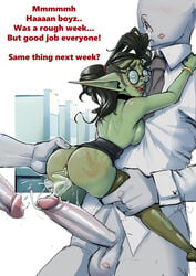 1girls 2boys black_hair business_suit business_woman darkminou english_text fantasy female female_focus glasses gnarby_(darkminou) goblin goblin_female green_skin gretchin human humanoid interspecies male_human/female_humanoid mmf_threesome office office_lady original pointy_ears shortstack stockings threesome warhammer_(franchise) warhammer_40k