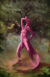 3_toes absurd_res anthro ass balls big_balls big_penis darekunslaad detailed_background feet flaccid forest genitals hi_res humanoid lizard male nature nature_background nude outside penis pink_body plant pose presenting presenting_penis reptile river scalie solo standing toes tree wet