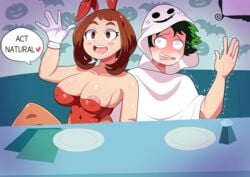 1boy 1girls @_@ absurd_res areolae big_breasts blush breasts brown_eyes bunny_ears bunnysuit clothed clothed_female clothed_male dialogue duo english_dialogue english_text female freshnsfw ghost_costume gloves green_hair halloween high_resolution human izuku_midoriya large_breasts leotard male my_hero_academia nipple_bulge ochako_uraraka pantyhose short_hair speech_bubble straight text trembling