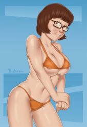 alternate_costume bichrom breasts brown_eyes brown_hair female glasses hanna-barbera scooby-doo solo swimsuit tagme velma_dinkley