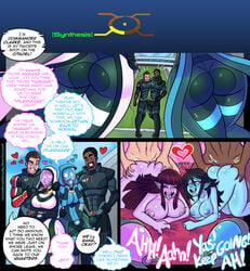 2boys 2girls alien_girl ass blue_skin bodysuit breasts comic comic_page doggy_style english_text helmet hood mask mass_effect naked pink_skin quarian skintight_bodysuit text thetransformistress thick_ass thick_thighs thighs