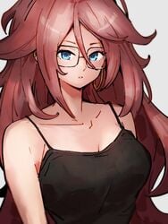 1girls android_21 android_21_(human) blue_eyes breasts brown_hair collarbone dragon_ball dragon_ball_fighterz earrings glasses kemachiku long_hair solo solo_female tank_top