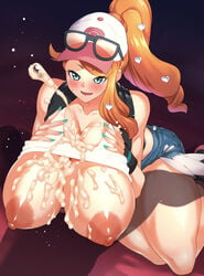 1boy 1girls alternate_breast_size aqua_eyes aqua_nails areolae big_breasts blush breasts covered_paizuri cum cum_between_breasts cum_on_breasts ejaculation ejaculation_between_breasts female hat hilda_(pokemon)_(cosplay) huge_breasts large_breasts minishorts nintendo nipples orange_hair paizuri pokemon pokemon_bw pokemon_ss shirt_lift shorts side_ponytail sonia_(pokemon) sunglasses sunglasses_on_hat thick_thighs transparent_body wide_hips yonekura_mochi