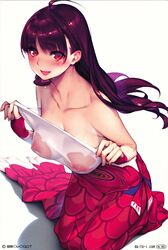 1girls brown_hair clothing comic_anthurium dark_brown_hair female fingerless_gloves hazel_eyes kimono large_breasts long_hair looking_at_viewer original sasaoka_gungu undressing voluptuous wet_clothes