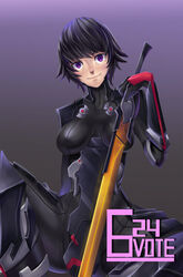 bodysuit cyberpunk female hanging_breasts ibenz009 light_skin looking_at_viewer mole ninja purple_eyes sci-fi short_hair smile sword