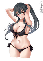 arms_up bangs big_breasts bikini black_bikini black_hair blush brown_eyes cleavage ebifurya female female_only hourglass_figure kantai_collection long_hair looking_at_viewer side-tie_bikini sidelocks smile solo swimsuit tying_hair very_long_hair wide_hips yahagi_(kantai_collection)