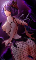 1girls ass big_breasts big_butt breasts fishnet_pantyhose fishnets genshin_impact kujou_sara legs leotard looking_at_viewer looking_back mask pantyhose purple_hair short_hair swimsuit tattoo thick_ass thick_thighs thighs xude yellow_eyes