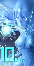 blue_hair blue_skin breasts electricity electricity_creature electroshock elemental_creature female ibenz009 looking_at_viewer navel shock smile sparks