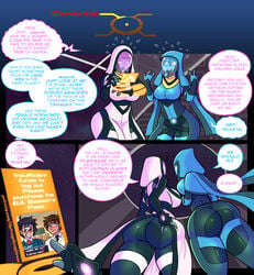 2girls ass bodysuit comic comic_page english_text glowing_eyes helmet hood mass_effect quarian skintight_bodysuit text thetransformistress thick_ass thick_thighs