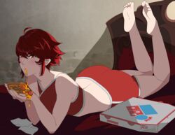 1girls ass bare_legs bare_midriff barefoot breasts eating feet female female_only fire_emblem fire_emblem_fates fire_emblem_if food highres hinoka_(fire_emblem) human large_ass looking_at_viewer lying medium_breasts midriff nintendo on_bed on_stomach orange_eyes pizza pizza_box pizza_slice r3dfive red_hair short_hair shorts soles solo tank_top toes video_games