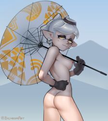 ass bichrom black_gloves female gloves inkling light-skinned_female light_skin marie_(alterna) marie_(splatoon) naked nintendo nude shaded sideboob solo splatoon splatoon_3 tagme umbrella white_hair yellow_eyes