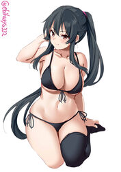 bangs big_breasts bikini black_bikini black_hair blush brown_eyes cleavage ebifurya female female_only kantai_collection long_hair looking_at_viewer ponytail side-tie_bikini sidelocks single_thighhigh sitting smile solo thick_thighs underboob very_long_hair wide_hips yahagi_(kantai_collection)