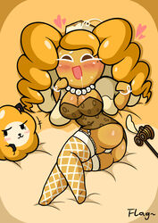 :3 artist_name ass bed blonde_hair blush body_pillow_design brown_eyes cat cheesecake_cookie cleavage clothed cookie cookie_run cookiephilia cute dakimakura drooling fishnet_thighhighs flag_(artist) fluffy_cheese_cat food_creature headpiece heart hearts hearts_around_head inviting laying_on_side looking_at_viewer lying medium_breasts necklace no_sex open_smile panties smile suggestive sweat sweating thighhighs thighs twintails white_panties yellow_background yellow_hair yellow_skin