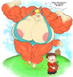 ! ? animal_crossing anthro areola audie_(animal_crossing) biceps big_biceps big_breasts big_muscles bikini blonde_hair blue_eyes bodily_fluids bottomwear breasts brown_hair canid canine canis clothing daiidalus duo english_text female flexing hair hi_res huge_biceps huge_breasts huge_muscles human hyper hyper_biceps hyper_breasts hyper_muscles larger_female male male/female mammal multicolored_body muscular muscular_female muscular_thighs nervous nervous_smile nintendo nipple_outline nipples open_mouth pants plant plant_pot potted_plant shirt size_difference sling_bikini smaller_male sweat swimwear text topwear two_tone_body vhsdaii video_games villager_(animal_crossing) wolf worried