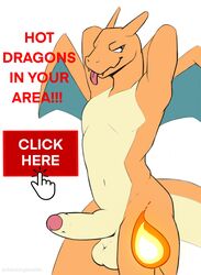 2021 absurd_res advertisement anthro balls biped blep charizard dabelette english_text erection fangs fire foreskin front_view genitals hands_behind_head hi_res humanoid_genitalia humanoid_penis male mouse_cursor multicolored_body nintendo non-mammal_balls nude orange_body penis pokémon_(species) pokemon pokemon_(species) seductive simple_background solo tan_body text tongue tongue_out two_tone_body video_games white_background white_eyes wings