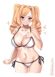 bangs big_breasts bikini blonde_hair blue_eyes blush cleavage curly_hair ebifurya female female_only hand_on_chest honolulu_(kantai_collection) hourglass_figure kantai_collection looking_at_viewer side-tie_bikini sidelocks smile solo swimsuit twintails white_bikini wide_hips