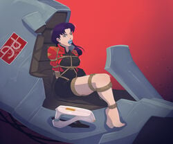 arms_behind_back ass bondage bound_arms bound_legs breast cloth cloth_gag clothing damsel_in_distress gag gagged large_breasts misato_katsuragi neon_genesis_evangelion pgratedslasher purple_hair rope_bondage round_ass stuffed_mouth_gag