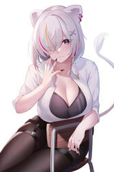 1girls big_breasts black_nails blushing cleavage expressionless female_only fingernails fully_clothed grey_eyes hololive hololive_gen_5 hololive_japan kaneko_(bblogtinhan) lion_tail long_nails nail_polish pantyhose shishiro_botan short_hair solo_female thick_thighs thigh_strap tights unbuttoned_shirt virtual_youtuber white_hair