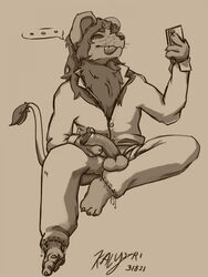 3:4 animal_genitalia animal_penis anthro balls big_penis blep body_hair chest_hair clothed clothing empty_speech_bubble felid feline genitals hair hi_res holding_object holding_penis holding_phone humanoid_genitalia humanoid_penis kalystri line_art lion looking_at_object looking_at_viewer male male_only mammal mane mane_hair monochrome pantherine paws penis phone round_ears simple_background solo taking_picture taking_selfie tongue tongue_out tuft