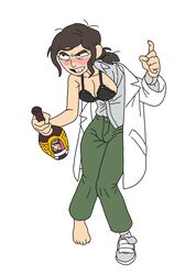 2021 armpit_crease armpit_peek barefoot bottomwear bra brown_hair cleavage collarbone drunk eye_bags female footwear holding_bottle human illust9693 inside_job labcoat messy_hair mole_on_breast one_bare_foot outerwear ponytail reagan_ridley solo topwear white_background