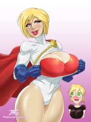 2girls alien alien_girl artist_name big_breasts blonde_hair breasts busty cleavage dc dc_comics earth_2 female female_only hips hourglass_figure iacolare jacogram kara_zor-el karen_starr kryptonian large_breasts legs lipstick lyza_(jacogram) multiple_girls original original_character power_girl short_hair superhero superheroine superman_(series) thick thick_legs thick_thighs voluptuous wide_hips