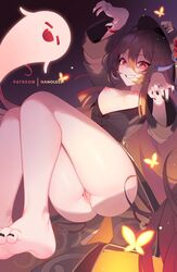 1girls ass breasts brown_hair exposed_breasts genshin_impact hu_tao_(genshin_impact) long_hair looking_at_viewer nanoless nipples partially_clothed red_eyes smile solo