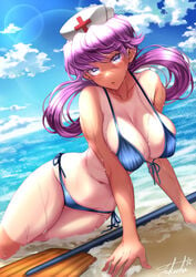 alternate_breast_size alternate_costume artist_signature bangs beach bikini blue_bikini blue_swimsuit breasts clouds color female game_freak large_breasts looking_at_viewer lying_down navel nintendo nurse nurse_cap nurse_joy oar ocean pink_hair pokemon purple_eyes sand sky swept_bangs swimsuit tagme takecha tan_skin tanlines thick_thighs thighs twintails wet_body