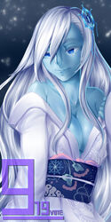 blue_skin cleavage ibenz009 kimono large_breasts off-shoulder_kimono sash smile snow white_hair yuki_onna