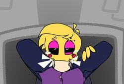 1boy 1boy1girl 1girls black_sclera blowjob eyeshadow five_nights_at_freddy's grey_background horaco jeremy_fitzgerald male_pov oral oral_sex pink_eyeshadow pov pov_eye_contact rolling_eyes tears thehoraco toy_chica_(fnaf) toy_chica_(thehoraco) under_the_table