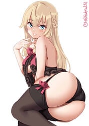 ass_focus bangs big_ass black_legwear black_panties blonde_hair blue_eyes blush ebifurya female female_only garter_straps kantai_collection lingerie long_hair looking_at_viewer on_side panties sideboob smile solo stockings thick_thighs warspite_(kantai_collection)