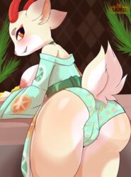 absurd_res animal_crossing anthro anus_outline asian_clothing ass big_breasts big_butt blush breasts cameltoe cervid clothed clothing east_asian_clothing female fur genitals hi_res horn japanese_clothing kimono large_ass mammal nintendo nipples panties sarox shino_(animal_crossing) solo underwear video_games