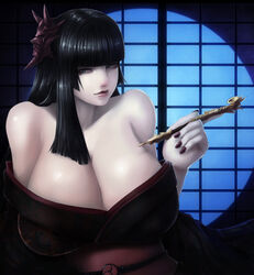 1girls bare_shoulders black_eyes black_hair breasts bursting_breasts cleavage east_asian_architecture eyelashes eyeliner eyeshadow facing_viewer female female_focus fingernails gradient gradient_background hair_ornament high_resolution highres hime_cut holding holding_pipe huge_breasts indoors japanese_clothes kimono kiseru lips lipstick long_hair looking_at_viewer makeup matching_hair/eyes matching_hair_and_eye_color matching_hair_and_eyes nail_polish no_bra off_shoulder okai okai418 original pale-skinned_female pale_skin pipe red_kimono red_nail_polish red_nails shiny shiny_eyes shiny_hair shouji sliding_doors smoking_pipe solo upper_body white_skin window