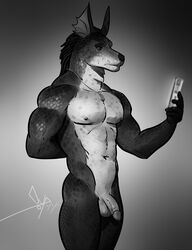 2021 alien anthro anthro_only balls bgn canid canine doggie_cruger flaccid genitals grey_background greyscale hi_res holding_object humanoid_genetalia humanoid_genitalia humanoid_penis male mammal monochrome muscular muscular_anthro muscular_male navel nipples nude pecs penis power_rangers power_rangers_spd scales simple_background solo standing yaoi yaoifairy