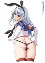 ass_focus back_view bangs black_thong blue_eyes blue_hair blush bunny_ears crop_top ebifurya female female_only gloves hairbow hibiki_(kantai_collection) kantai_collection long_gloves long_hair looking_at_viewer looking_back panty_pull sailor_collar shimakaze_(kantai_collection)_(cosplay) sleeveless_shirt solo thick_thighs thighhighs thong thong_pull white_gloves zettai_ryouiki