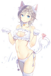 aqua_eyes bare_shoulders blush bra breasts cat_cutout cat_ear_panties cat_ears cat_tail character_name choker cleavage cleavage_cutout domotolain eyebrows eyebrows_visible_through_hair eyelashes eyelashes_visible_through_hair female female_only gloves lingerie looking_at_viewer panties short_hair side-tie_panties silver_hair thighhighs white_background white_bra white_gloves white_legwear white_panties