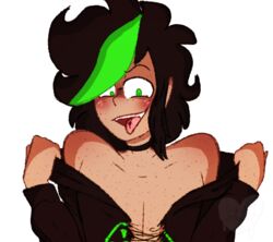 black_hair blush devious_as_fuck dominant_femboy dominant_male domination femboy femboydom freckles glitter_peach(artist) green_eyes green_hair imminent_sex male_only ripped_clothing submissive_pov tongue_out tongue_piercing