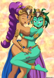 2girls alternate_costume armor braided_hair braided_ponytail breasts breasts_to_breasts chaosknight_1 dancer_outfit dancer_rottytops dancer_shantae female female_only harem_outfit looking_at_viewer multiple_girls rottytops shantae shantae_(character) smooth_skin tagme topless yuri