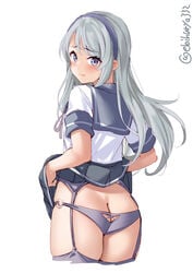 ass_focus back_view blush dat_ass ebifurya embarrassed female female_only garter_belt garter_straps grey_hair hairband kantai_collection looking_at_viewer looking_back panties pleated_skirt presenting presenting_hindquarters purple_eyes sagiri_(kantai_collection) serafuku short_sleeves skirt_lift solo stockings thick_thighs thighhighs zettai_ryouiki