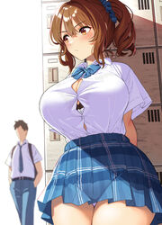 1boy 1girls arms_behind_back bangs bare_thighs big_breasts blue_neckwear blue_scrunchie blue_skirt blurred_character blush blush_lines bow bowtie bra bra_peek breasts brown brown_eyes brown_hair bursting_breasts button_down_shirt character_in_background cleavage curvy curvy_body curvy_female curvy_figure cute duo eyebrows_visible_through_hair faceless_character faceless_male female hair_between_eyes hair_ornament hair_scrunchie hidden hiding hips large_breasts lockers looking_at_another male mascara neckwear panties panty_peek pantyshot plaid plaid_skirt ponytail school_girl school_uniform schoolgirl schoolgirl_uniform scrunchie shirt shoe_locker short_sleeves skirt standing surumenium taniguchi_daisuke thick_thighs tucked_shirt undersized_clothes underwear waiting white_panties white_shirt