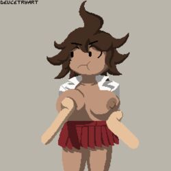 areolae big_breasts breasts chibi danganronpa danganronpa_2:_goodbye_despair dark-skinned_female deucetryart disembodied_hand disembodied_hands female_focus large_breasts nipples open_shirt owari_akane pixel_art red_skirt simple_background smooth_skin tan_skin touching_breast